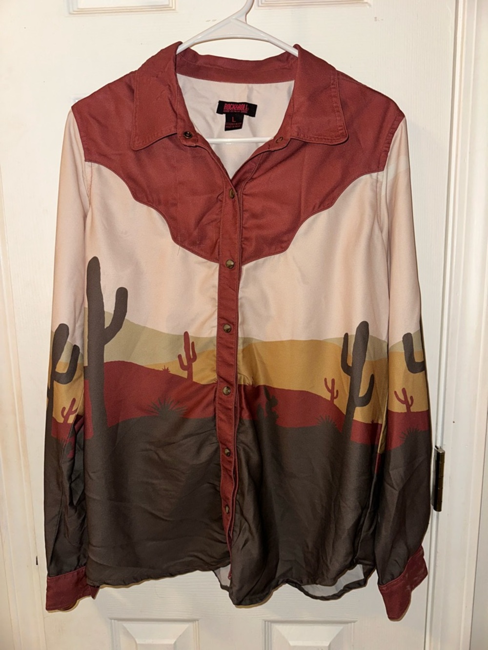 Rock & Roll Denim Desert Cactus Button Down Long Sleeve Western Blouse